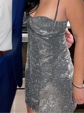 Silver Sequin Spaghetti Strap Mini Dress